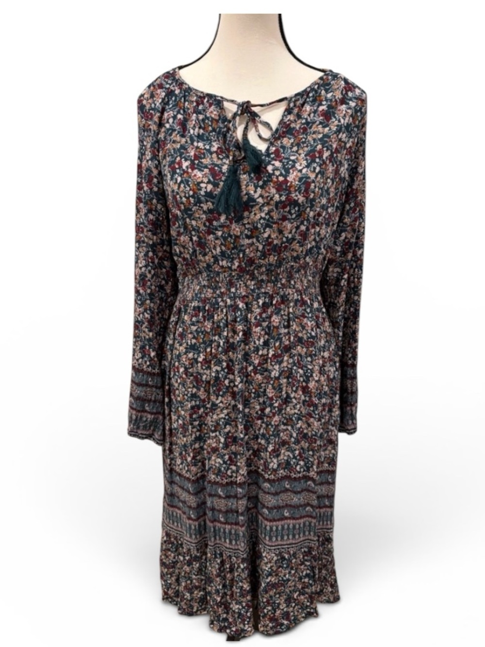 Knox Rose Women’s Long Sleeve Smocked Dress Forest Green Dark Florals, medium
